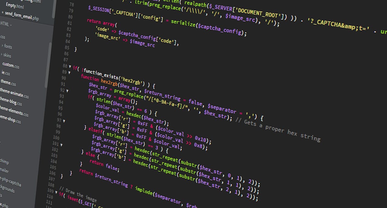 services-03 Colorful PHP code displayed on a dark screen, ideal for programming themes.
